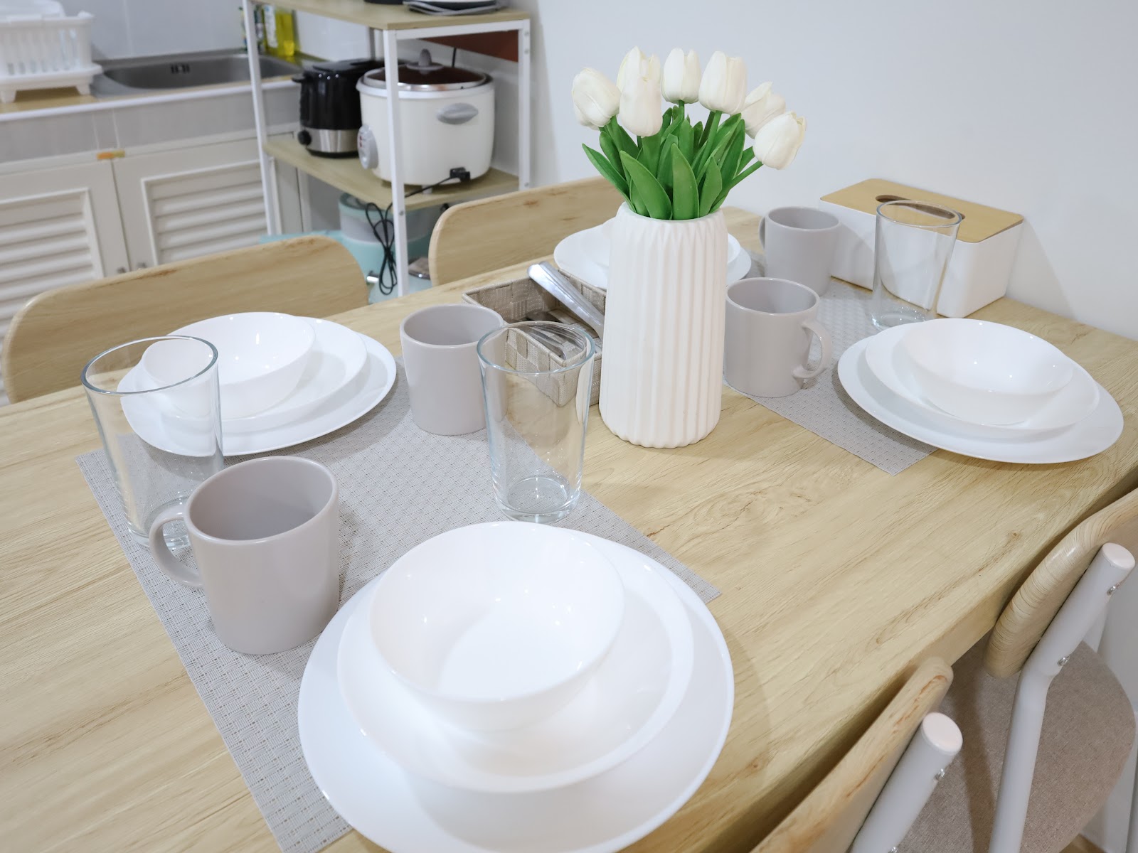 Dining table set with tulips
